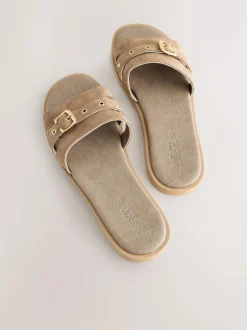 Next Buckle Mule Sandals Taupe Neutral Suede Sale