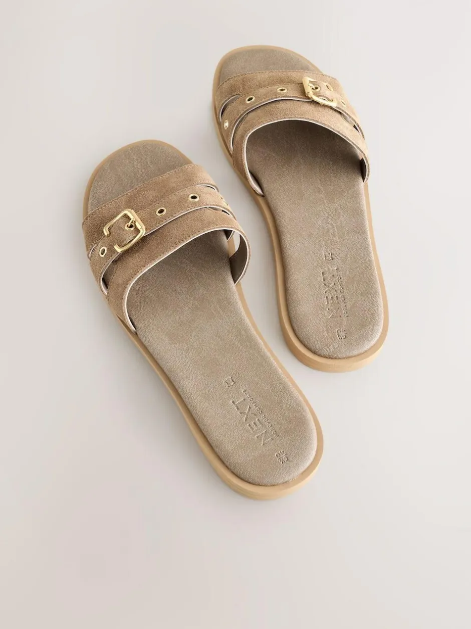 Next Buckle Mule Sandals Taupe Neutral Suede Sale