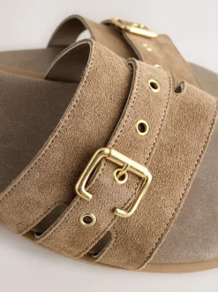 Next Buckle Mule Sandals Taupe Neutral Suede Sale