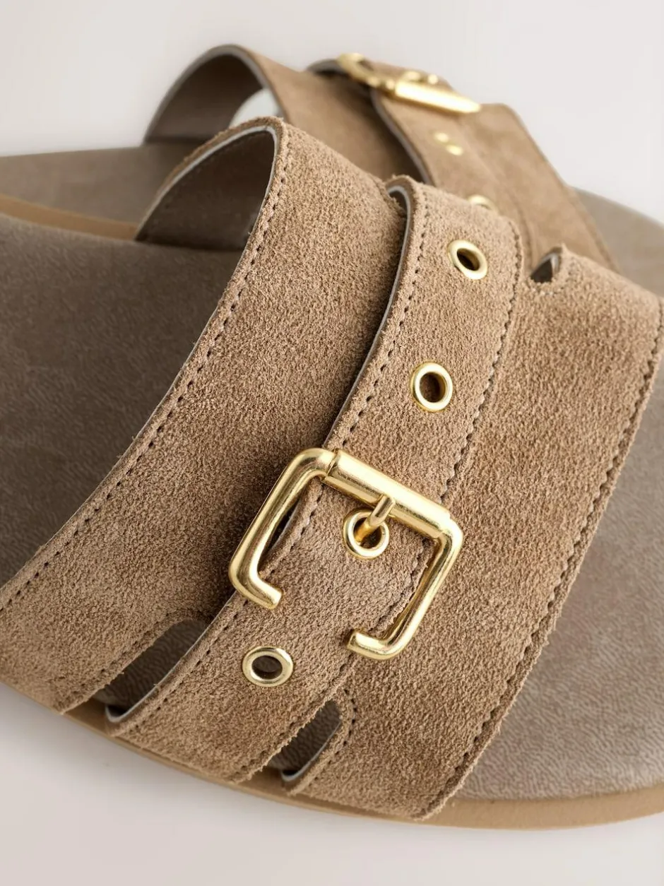 Next Buckle Mule Sandals Taupe Neutral Suede Sale