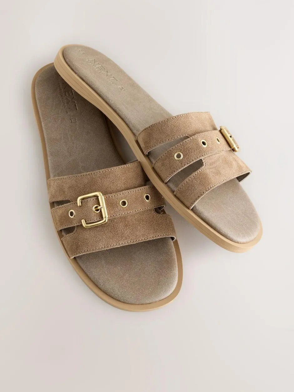 Next Buckle Mule Sandals Taupe Neutral Suede Sale