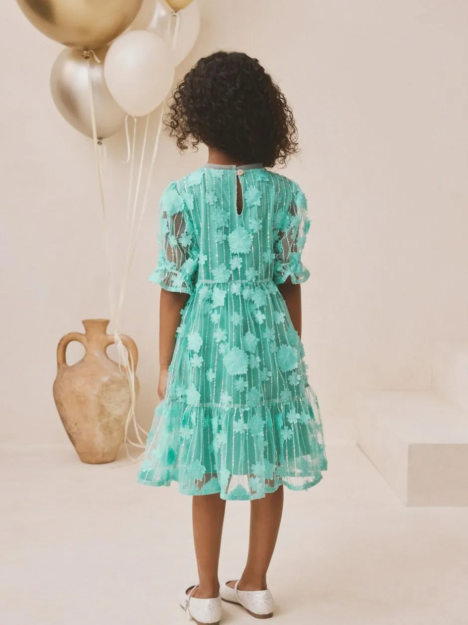 Next Mesh Flower Sequin Party Dress (3-16yrs) Teal Blue Best