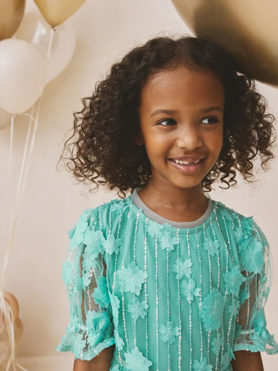 Next Mesh Flower Sequin Party Dress (3-16yrs) Teal Blue Best