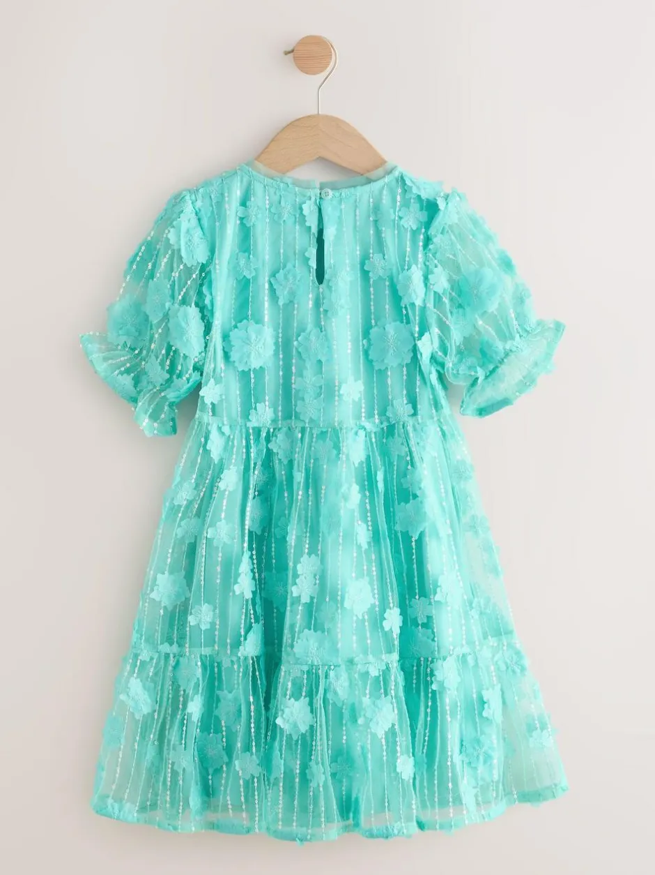 Next Mesh Flower Sequin Party Dress (3-16yrs) Teal Blue Best