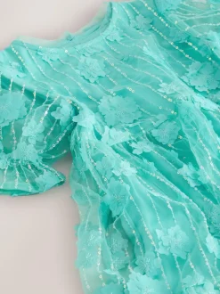 Next Mesh Flower Sequin Party Dress (3-16yrs) Teal Blue Best