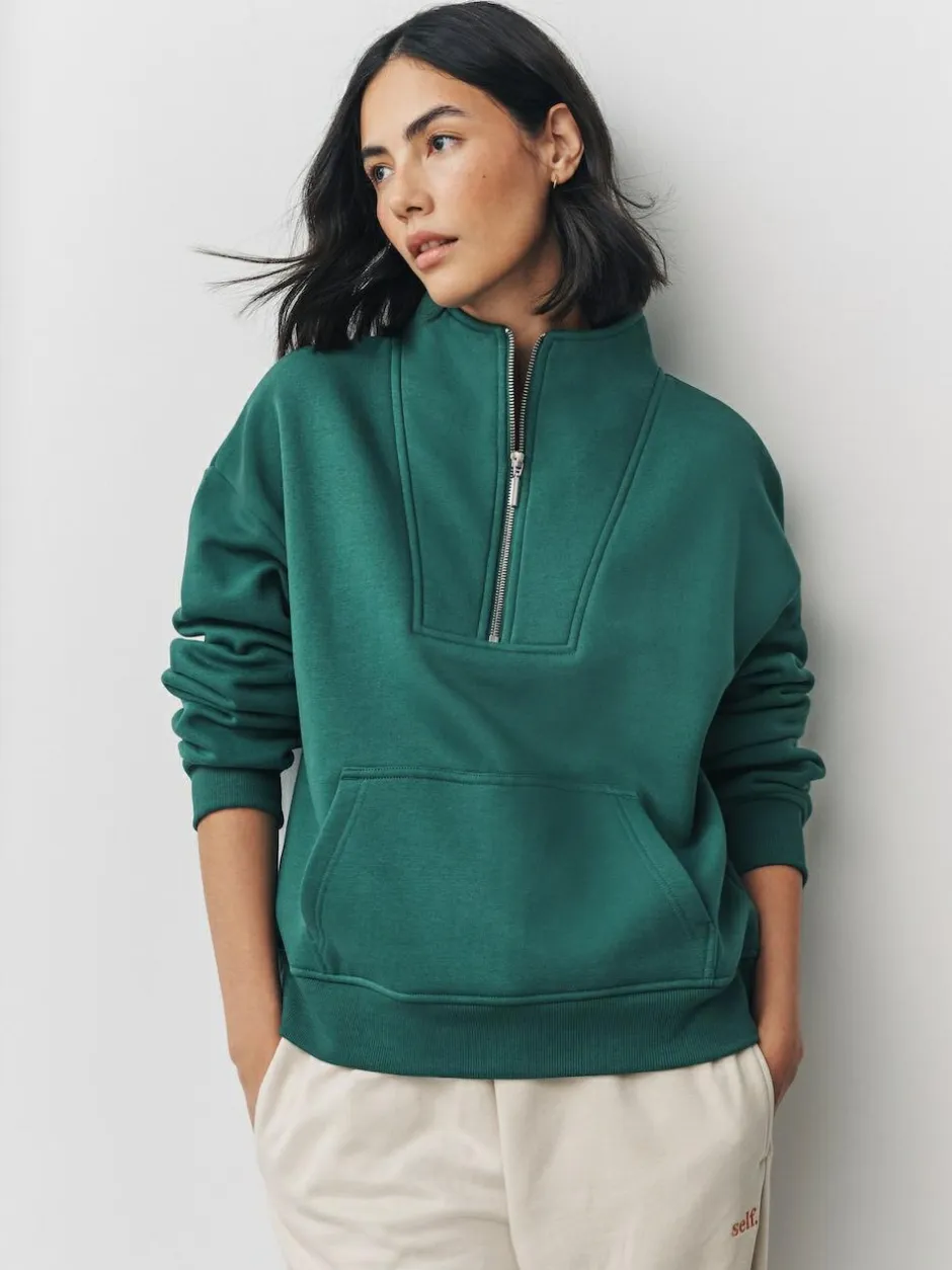 Next Relaxed Fit Heavyweight Cotton Rich Jersey Zip Neck Sweatshirt Teal Blue Hot
