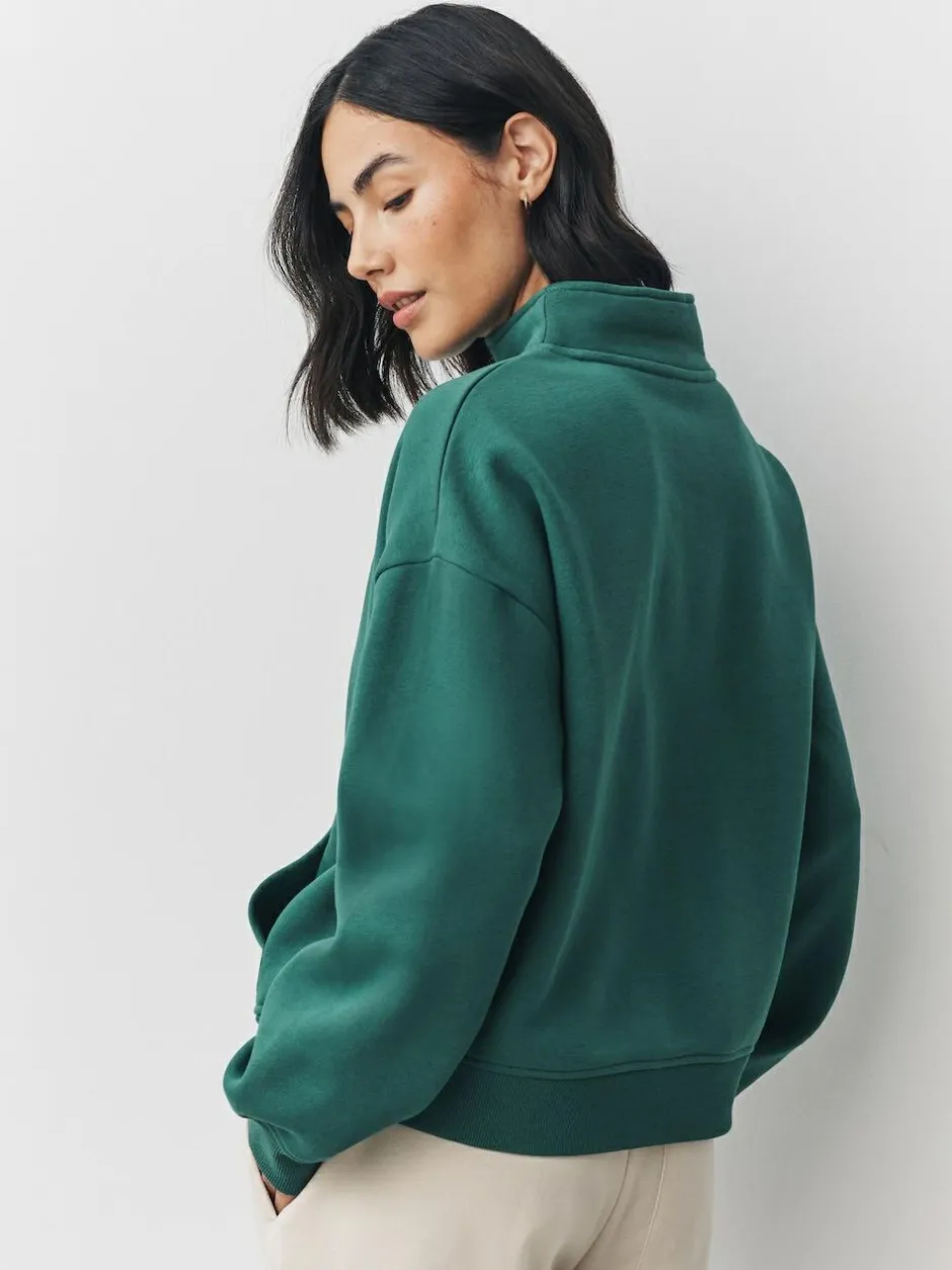 Next Relaxed Fit Heavyweight Cotton Rich Jersey Zip Neck Sweatshirt Teal Blue Hot