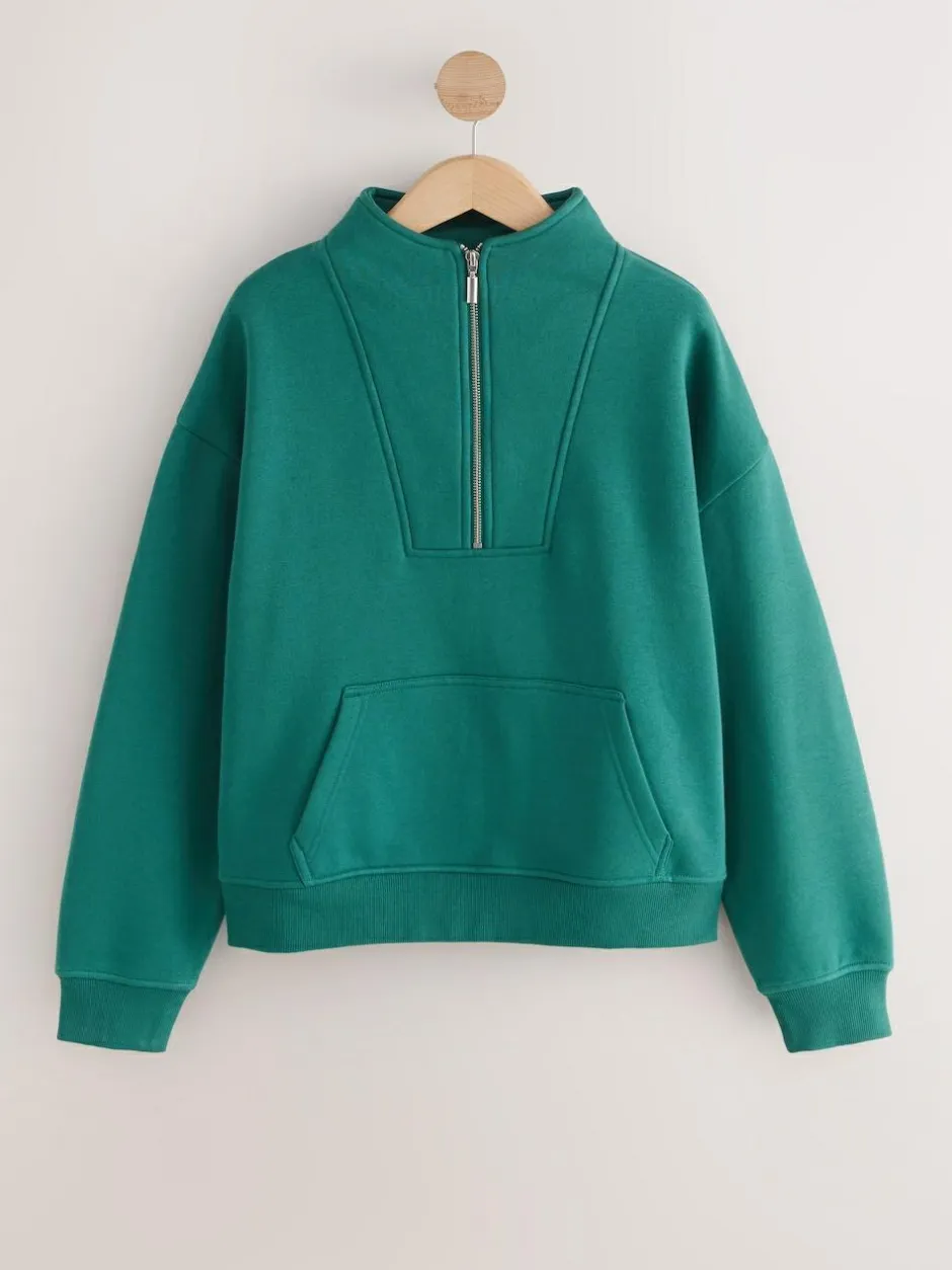 Next Relaxed Fit Heavyweight Cotton Rich Jersey Zip Neck Sweatshirt Teal Blue Hot