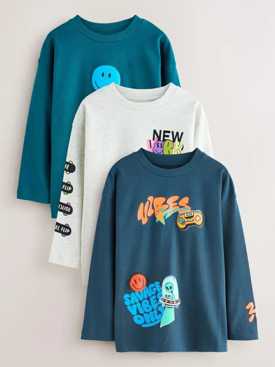 Next Teal/Blue/Grey Bright Graffiti Relaxed Fit Graphic Print Long Sleeve T-Shirts 3 Pack (3-16yrs) Clearance