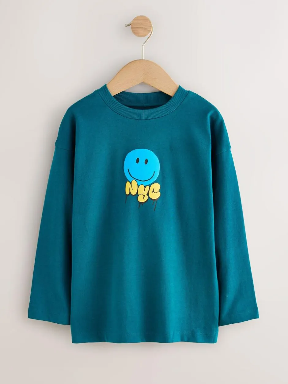 Next Teal/Blue/Grey Bright Graffiti Relaxed Fit Graphic Print Long Sleeve T-Shirts 3 Pack (3-16yrs) Clearance
