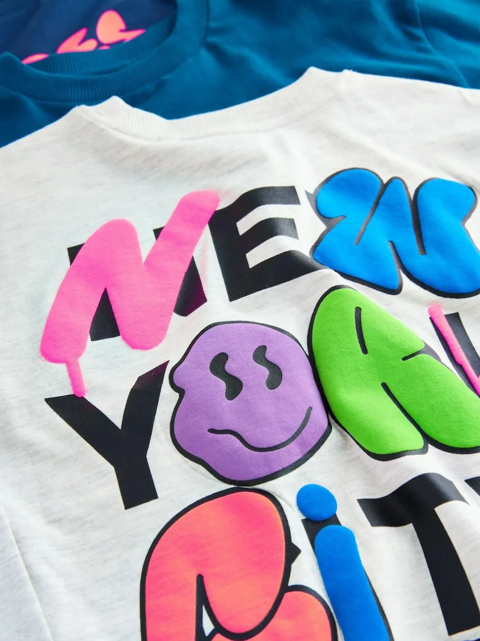 Next Teal/Blue/Grey Bright Graffiti Relaxed Fit Graphic Print Long Sleeve T-Shirts 3 Pack (3-16yrs) Clearance