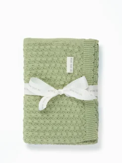 The Little Tailor Baby Scallop Design Pointelle 100% Cotton Blanket Green New