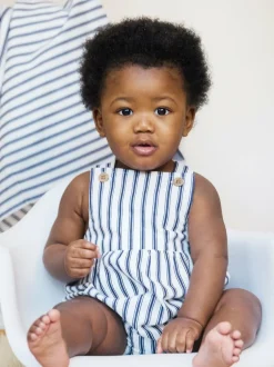 The Little Tailor Baby Woven Shorty 100% Cotton Romper Blue Outlet