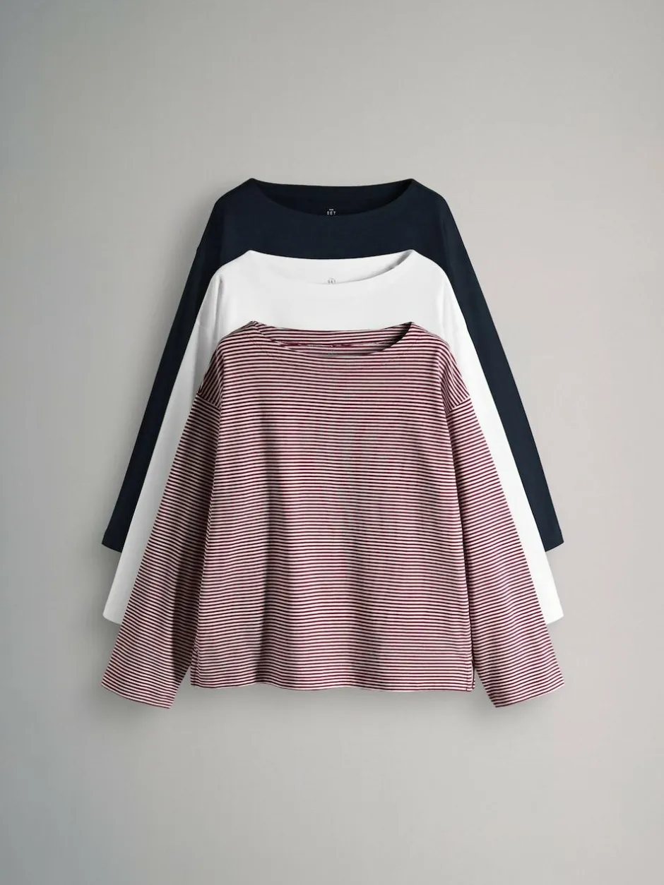 The Set 3 Pack Boat Neck Heavyweight T-Shirts Navy/White/Stripe Online