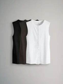 The Set 3 Pack Button Through Ribbed Vests Black/White/Chocolate Brown New