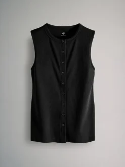 The Set 3 Pack Button Through Ribbed Vests Black/White/Chocolate Brown New