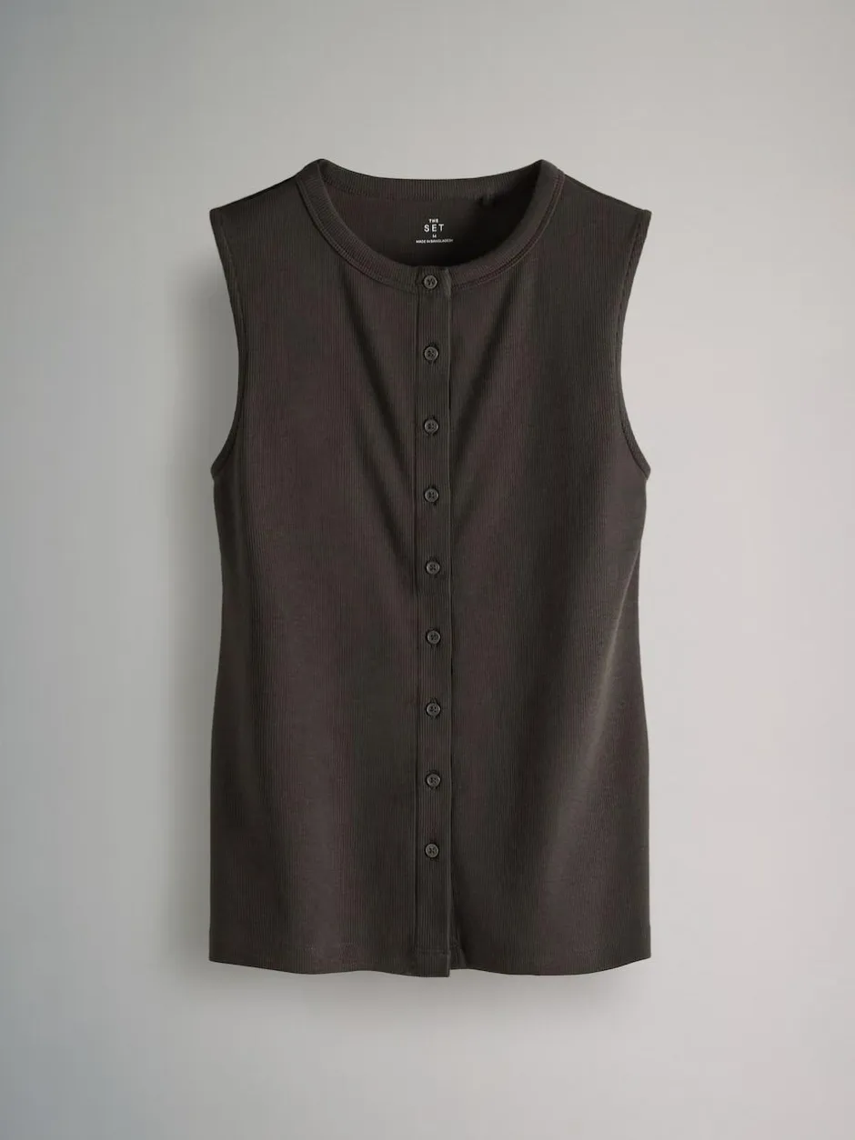 The Set 3 Pack Button Through Ribbed Vests Black/White/Chocolate Brown New