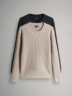 The Set 2 Pack Cable Knit Jumpers with Wool Navy Blue/Brown New