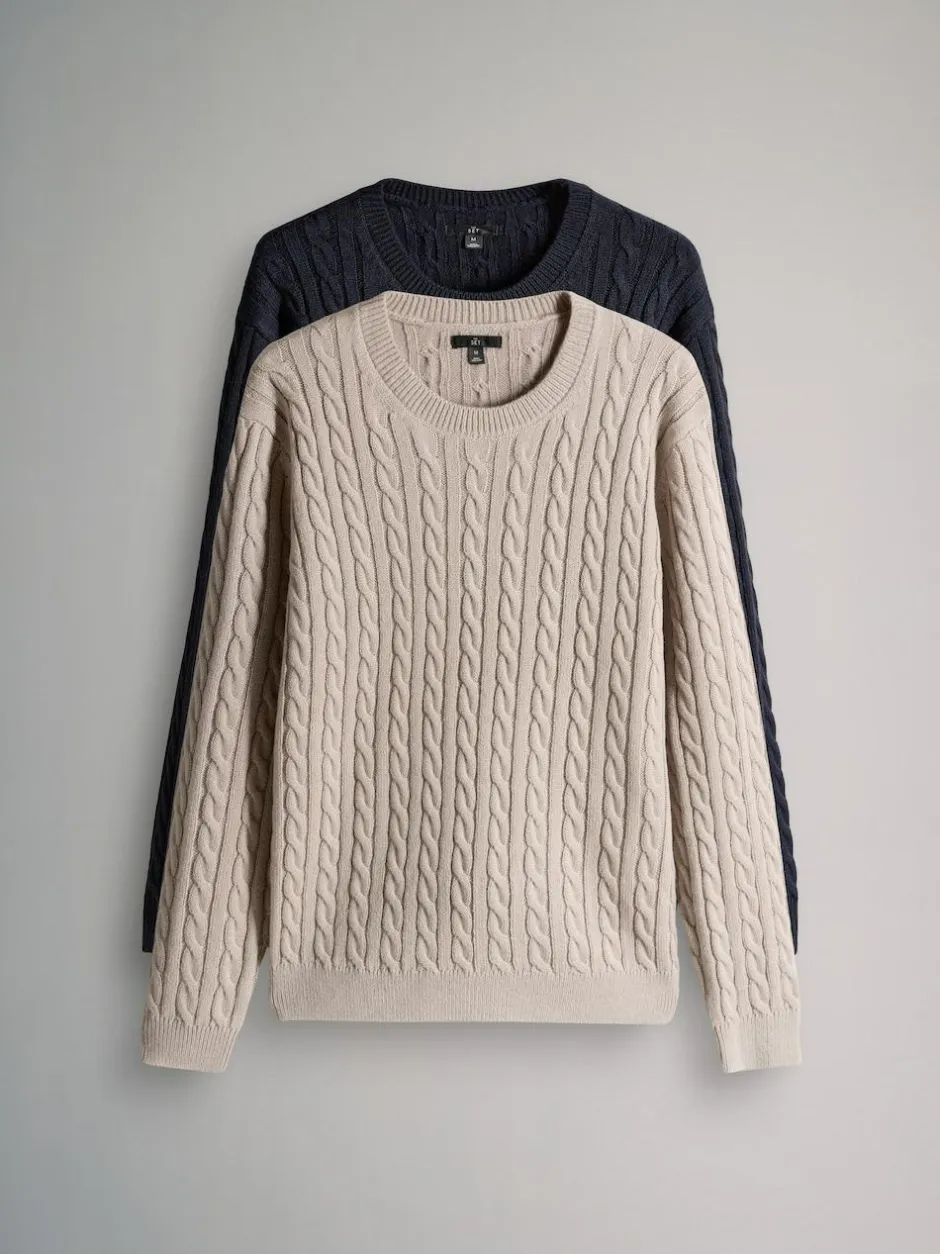 The Set 2 Pack Cable Knit Jumpers with Wool Navy Blue/Brown New