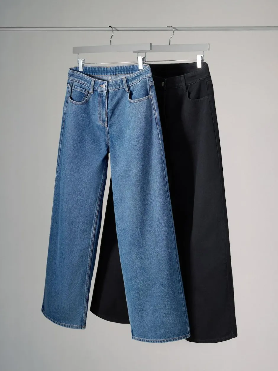 The Set 2 Pack Denim Wide Leg 100% Cotton Jeans Black/Mid Blue Best
