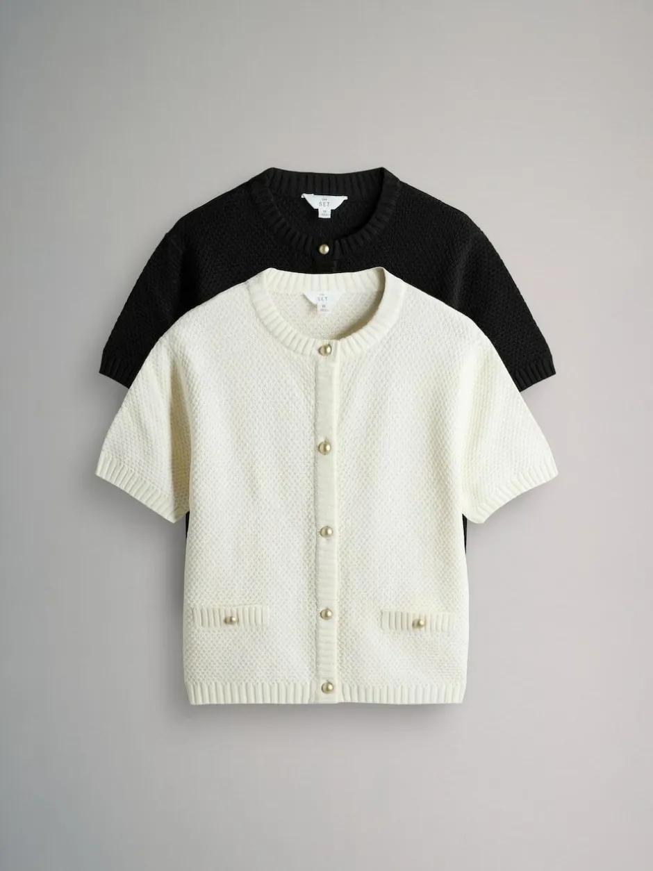 The Set 2 Pack Gold Button Knitted Short Sleeve Cardigans Cream/Black Best
