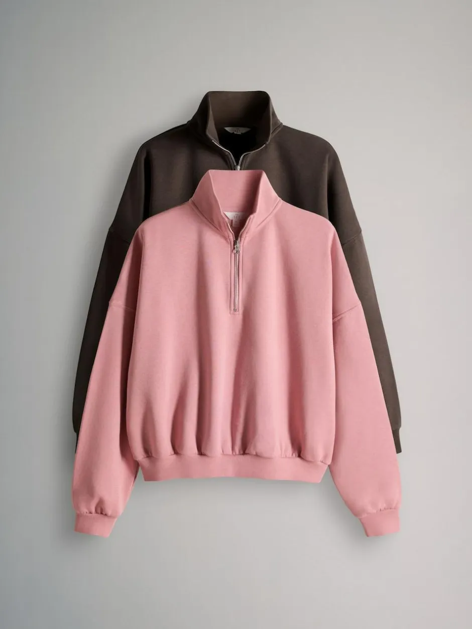 The Set 2 Pack Half Zip Funnel Neck Sweatshirts Pink/Chocolate Brown Sale