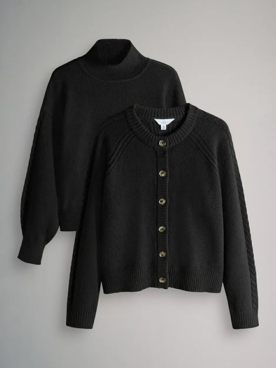 The Set 2 Pack High Neck Jumper/Cardigan Black Cable Online