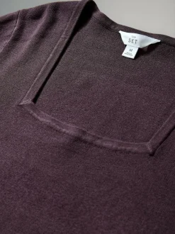 The Set 2 Pack Knitted Square Neck Dress Burgundy Plum/Navy Blue Tipped Best