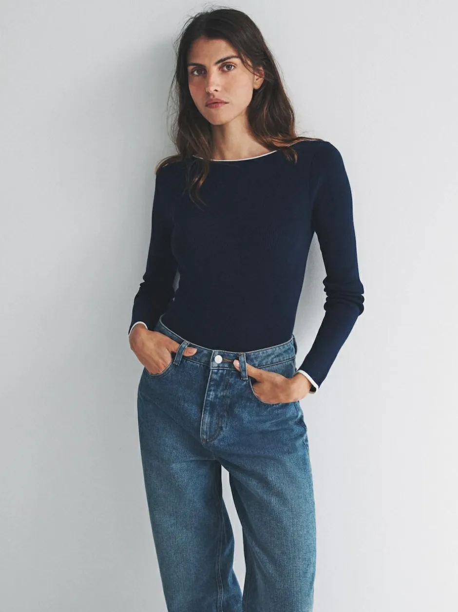 The Set 2 Pack Knitted Tipped Scoop Back Tops Ecru/Navy Blue Online
