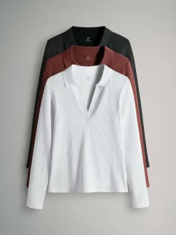 The Set 3 Pack Long Sleeve Ribbed Polo Top Black/Pink/White Best