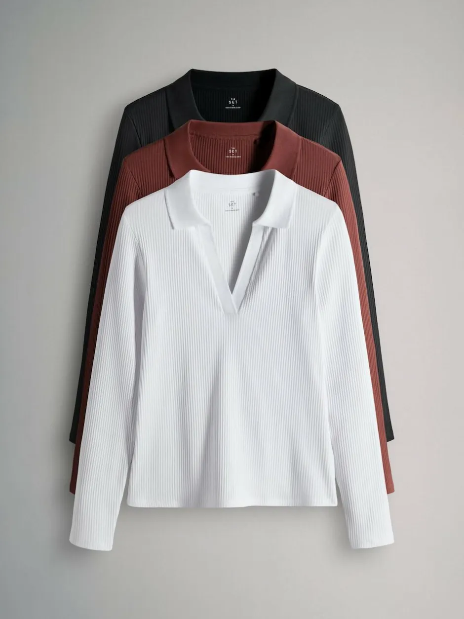The Set 3 Pack Long Sleeve Ribbed Polo Top Black/Pink/White Best