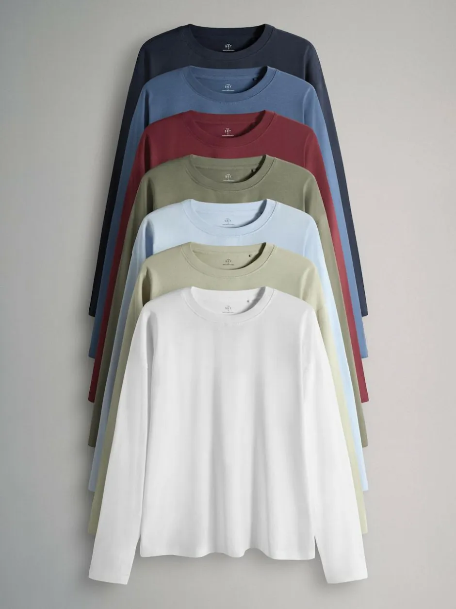 The Set 7 Pack Long Sleeve T-Shirts Navy/Blue/Red/Green/Light Blue/Stone Brown/White Hot