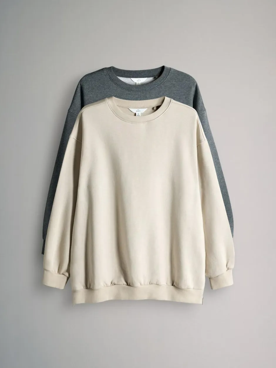 The Set 2 Pack Longline Crew Neck Sweatshirt Charcoal Marl/Cream New