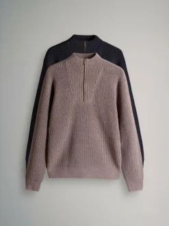 The Set 2 Pack Quarter Zip Neck Jumpers Brown/Navy Blue Sale