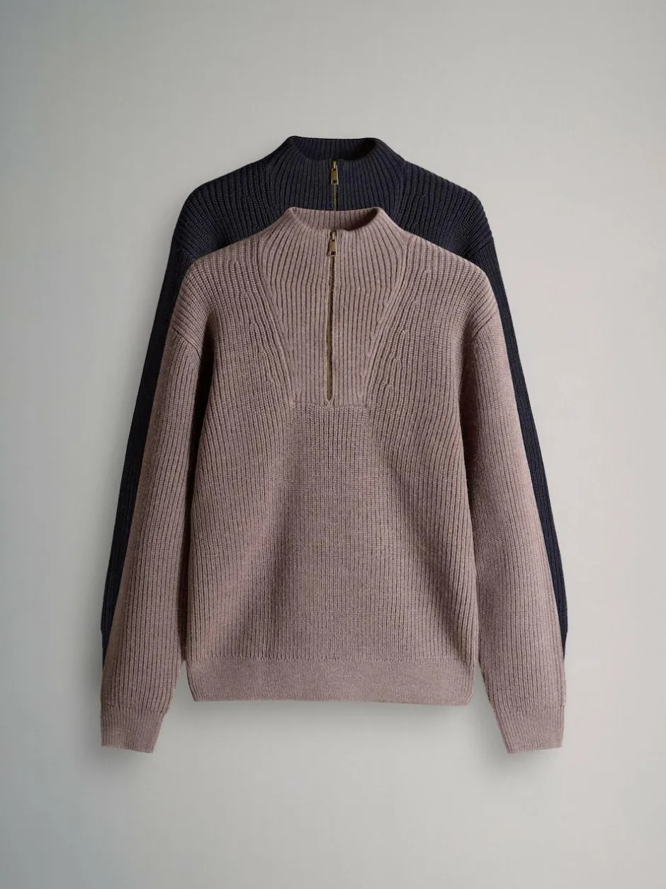 The Set 2 Pack Quarter Zip Neck Jumpers Brown/Navy Blue Sale