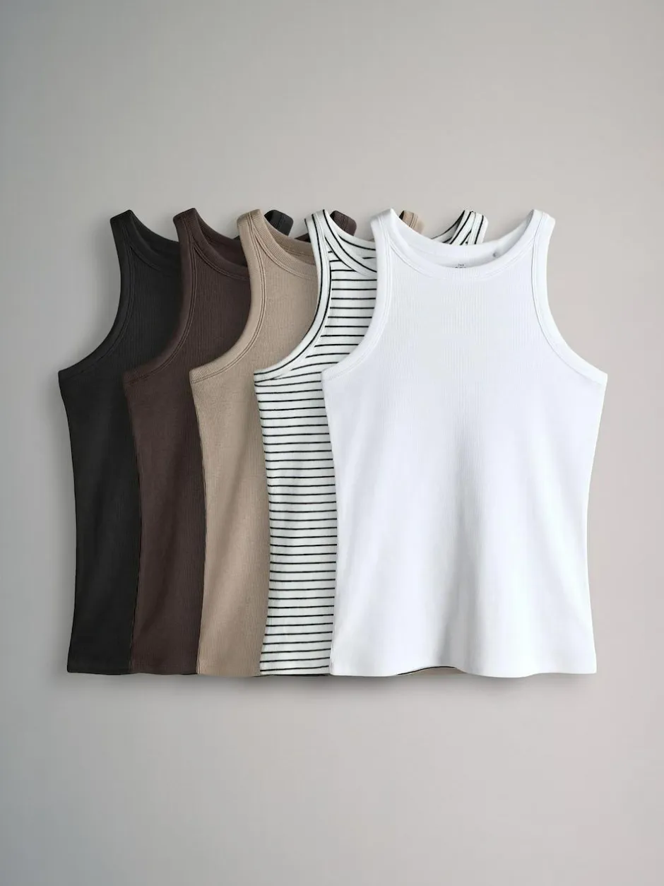 The Set 5 Pack Racer Ribbed Vests Black/Chocolate Brown/Taupe Brown/Stipe/White Outlet