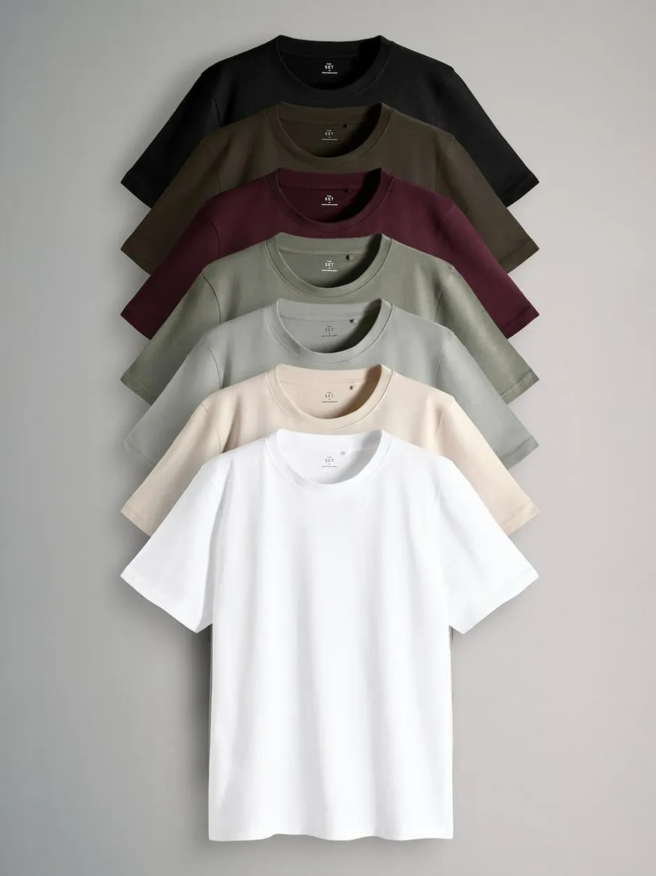 The Set 7 Pack Regular Short Sleeve Cotton T-Shirts Black/Green/Red/White Discount