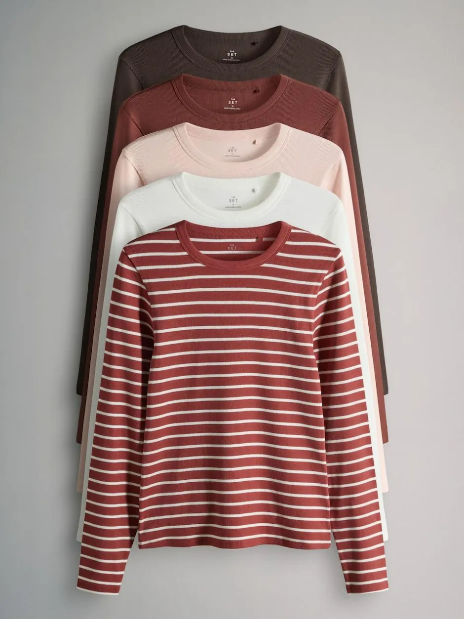 The Set 5 Pack Ribbed Long Sleeve T-Shirts Brown/Pink/White/Stripe Sale