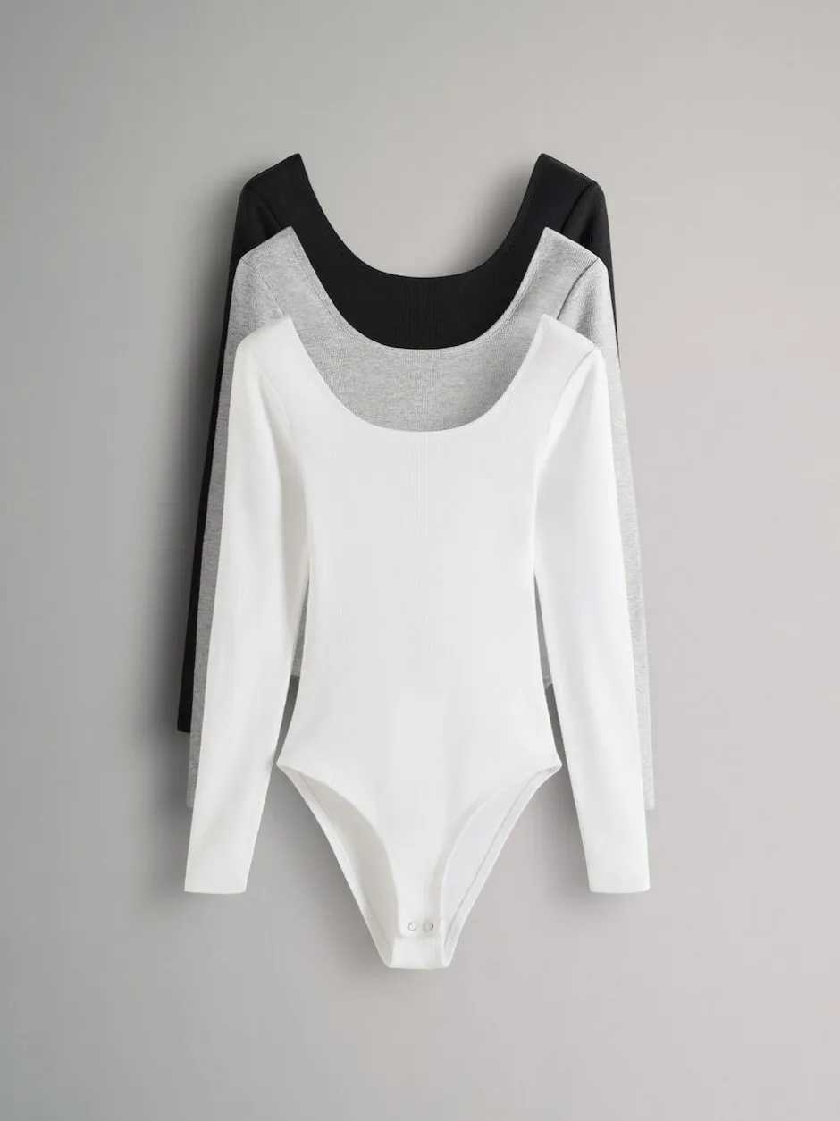 The Set 3 Pack Ribbed Long Sleeve Bodysuits Grey/Black/White Clearance