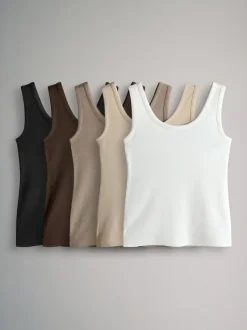 The Set 5 Pack Ribbed Scoop Neck Vests White/Black/Brown/Taupe Brown/Neutral Discount
