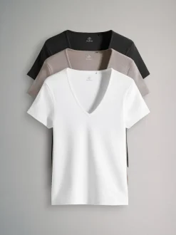 The Set 3 Pack Ribbed V-Neck Short Sleeved T-Shirts Black/White/Taupe Brown Hot