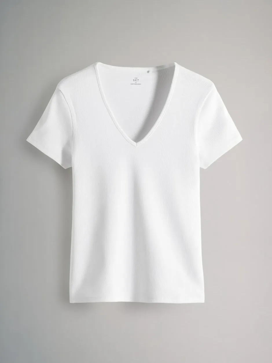 The Set 3 Pack Ribbed V-Neck Short Sleeved T-Shirts Black/White/Taupe Brown Hot