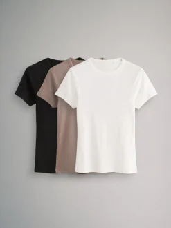 The Set 3 Pack Short Sleeve Ribbed T-Shirts Black/Taupe Brown/White New