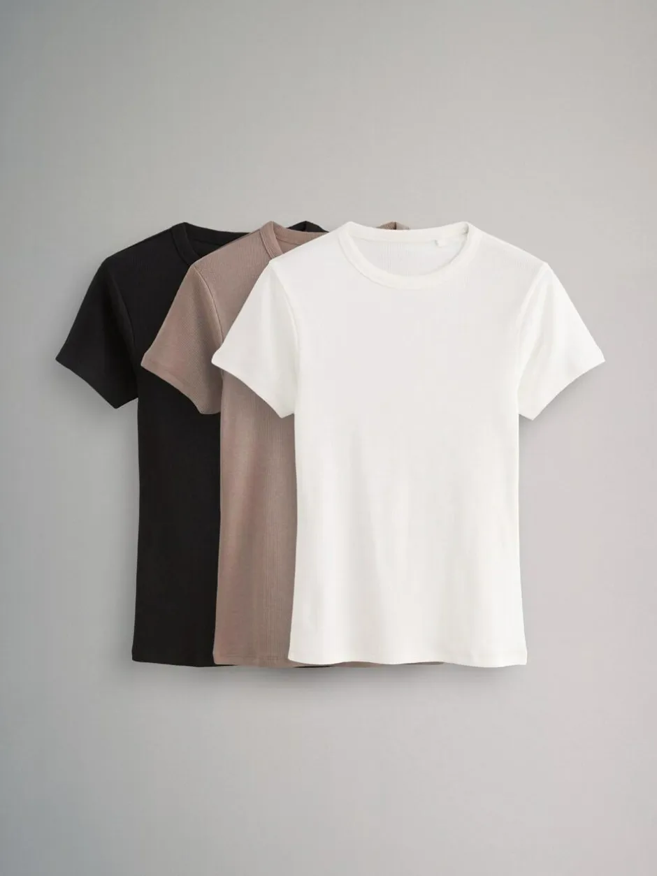 The Set 3 Pack Short Sleeve Ribbed T-Shirts Black/Taupe Brown/White New