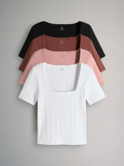 The Set 4 Pack Textured Ribbed Square Neck Half Sleeve T-Shirts Black/Pink/White