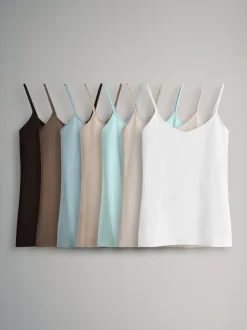 The Set 7 Pack Thin Strap Vest Tops Chocolate Brown/Cream/White/Blues Sale