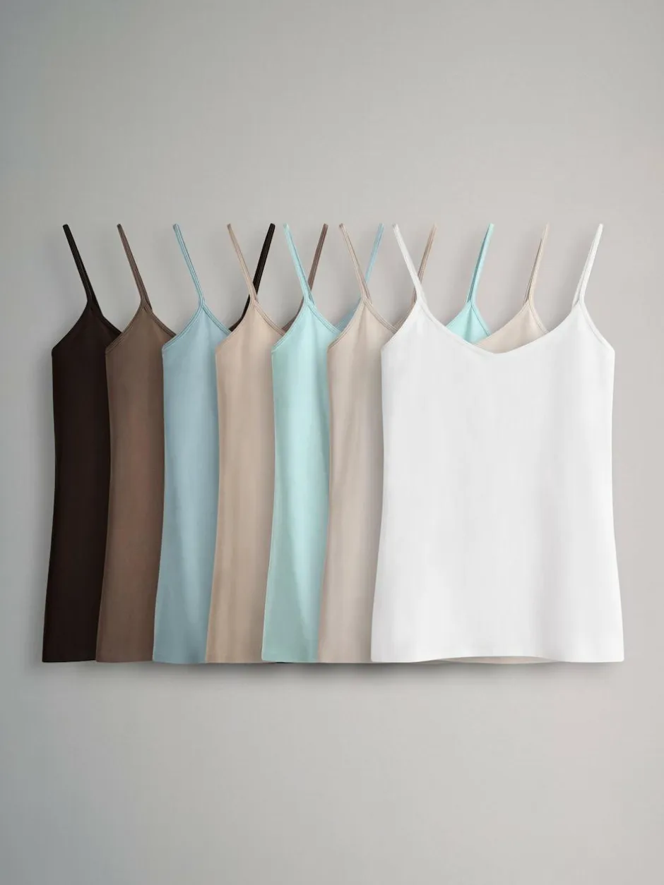 The Set 7 Pack Thin Strap Vest Tops Chocolate Brown/Cream/White/Blues Sale