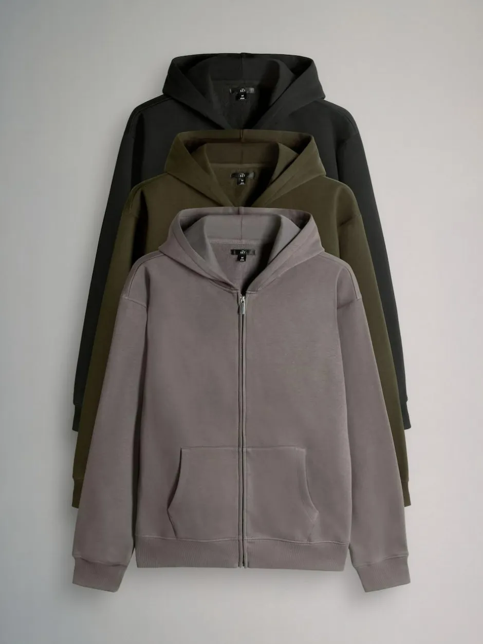 The Set 3 Pack Zip Through Hooded Sweatshirt Black/Grey/Green
