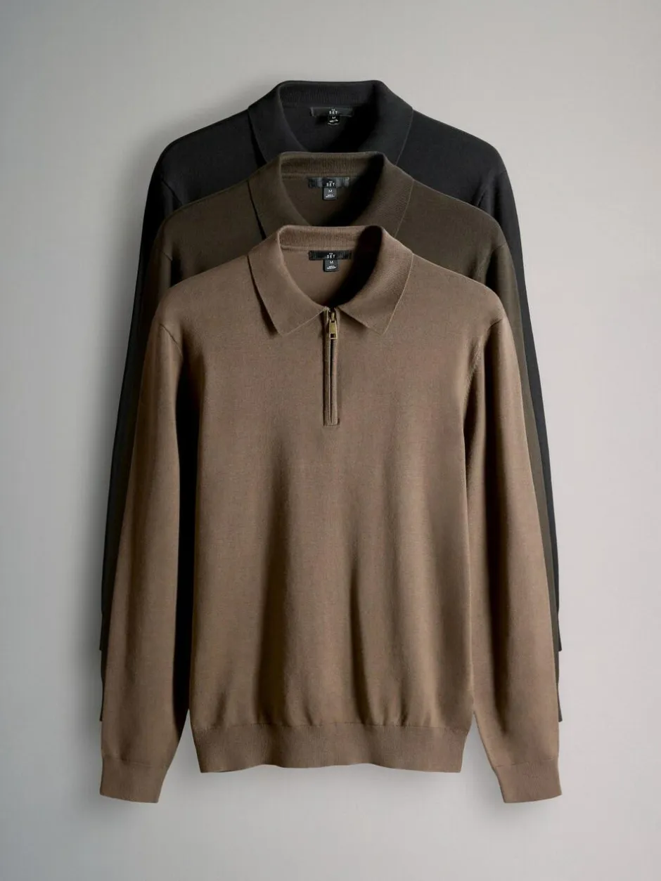 The Set Black/Brown 3 Pack Quarter Zip Neck Jumper Discount