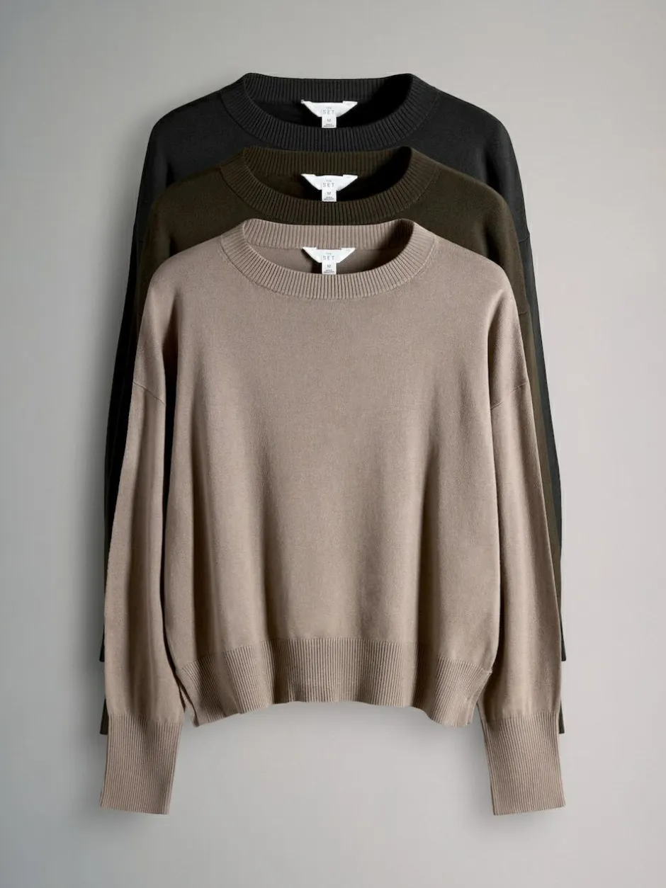 The Set Black/Brown/Neutral 3 Pack Fine Knit Crew Neck Jumpers Best